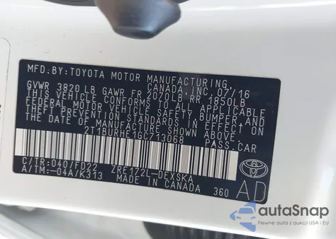 2016 Toyota Corolla L/Le/Le Pls/Prm/S/S Pls z USA, uszkodzony, nr VIN 2T1BURHE1GC713068